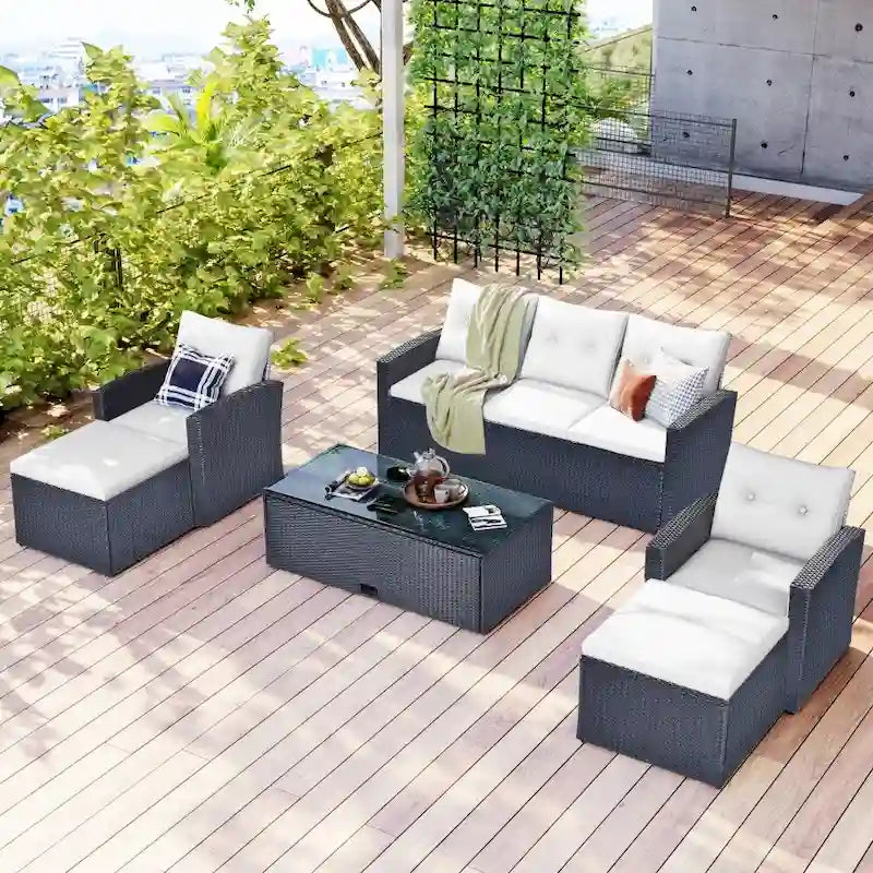 Ensemble de canapé d'angle 6 pièces en rotin PE résistant aux intempéries pour patio, avec table basse et coussins