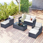 Ensemble de canapé d'angle 6 pièces en rotin PE résistant aux intempéries pour patio, avec table basse et coussins