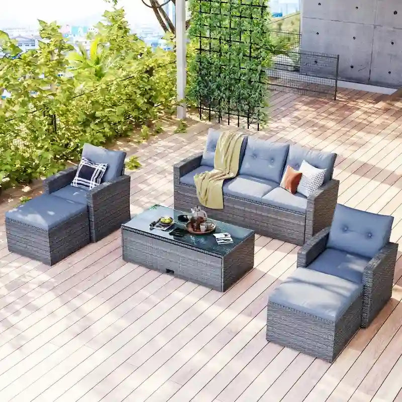 Ensemble de canapé d'angle 6 pièces en rotin PE résistant aux intempéries pour patio, avec table basse et coussins