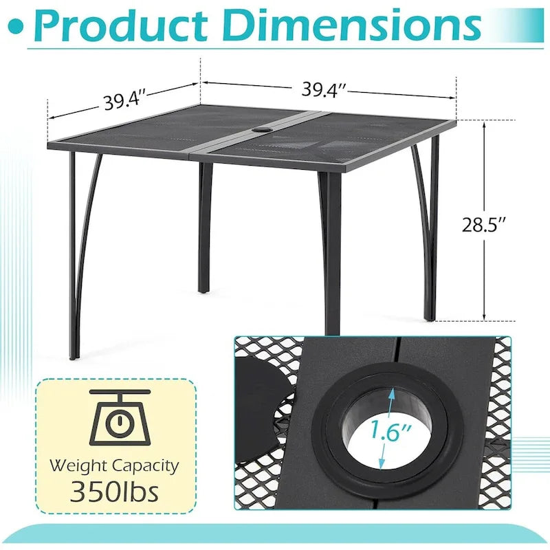 Table de jardin carrée AECOJOY pour 4 personnes avec trou pour parasol de 4 cm.