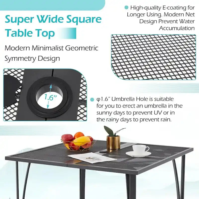 Table de jardin carrée AECOJOY pour 4 personnes avec trou pour parasol de 4 cm.