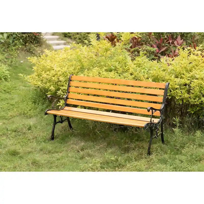 Banc de jardin en bois pour terrasse ou parc, avec pieds et accoudoirs en acier