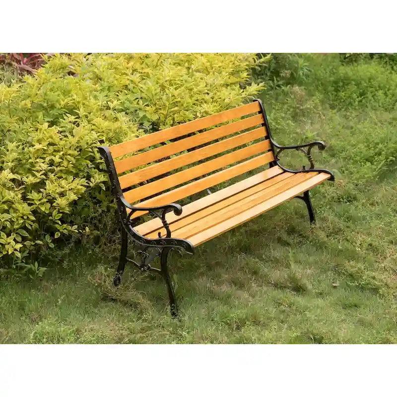 Banc de jardin en bois pour terrasse ou parc, avec pieds et accoudoirs en acier