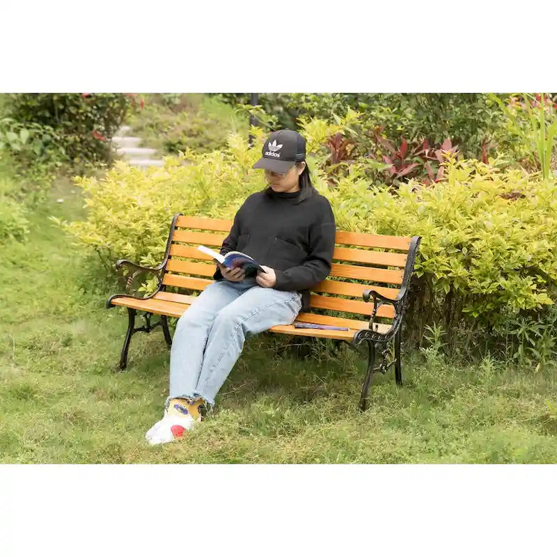 Banc de jardin en bois pour terrasse ou parc, avec pieds et accoudoirs en acier