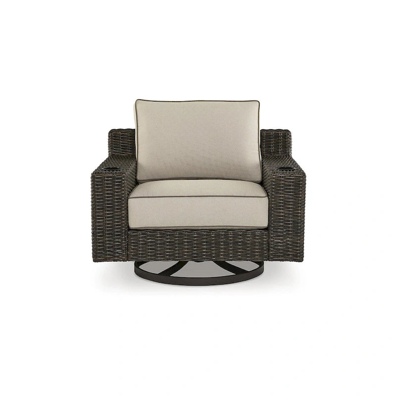 Fauteuil pivotant d'extérieur Coastline Bay Brown de Signature Design by Ashley avec coussin - 42,63 po L x 36,25 po P x 35 po H