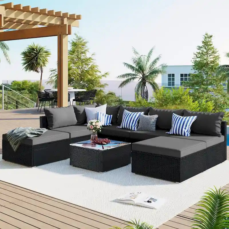 Canapé d'angle réversible en résine tressée 8 pièces pour terrasse avec coussins