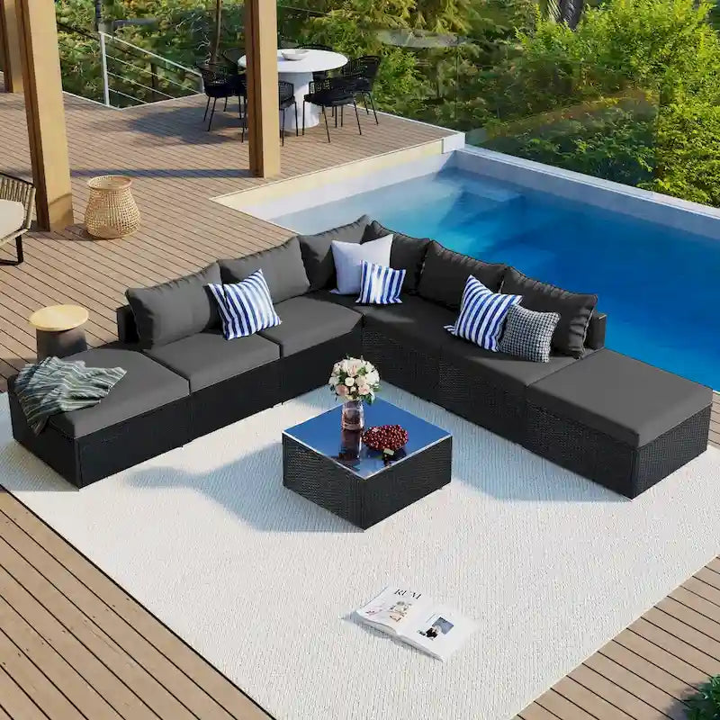 Canapé d'angle réversible en résine tressée 8 pièces pour terrasse avec coussins