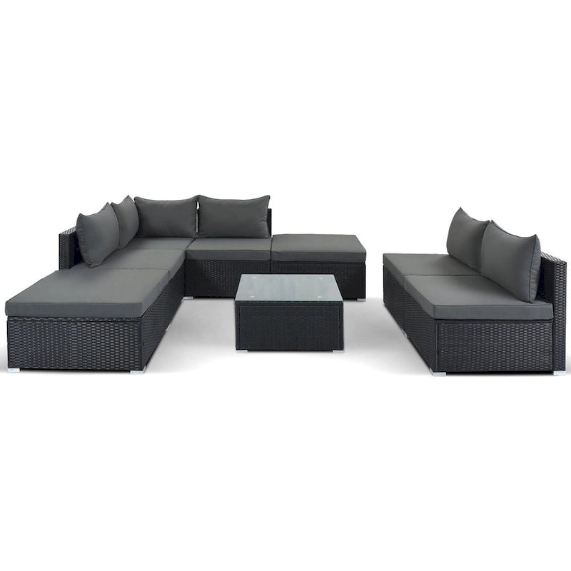 Canapé d'angle réversible en résine tressée 8 pièces pour terrasse avec coussins