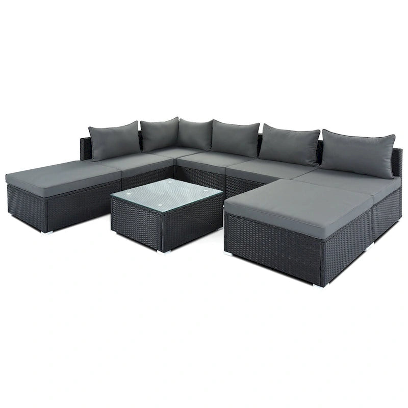 Canapé d'angle réversible en résine tressée 8 pièces pour terrasse avec coussins