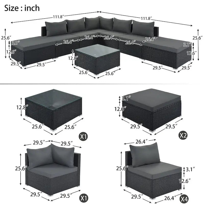 Canapé d'angle réversible en résine tressée 8 pièces pour terrasse avec coussins
