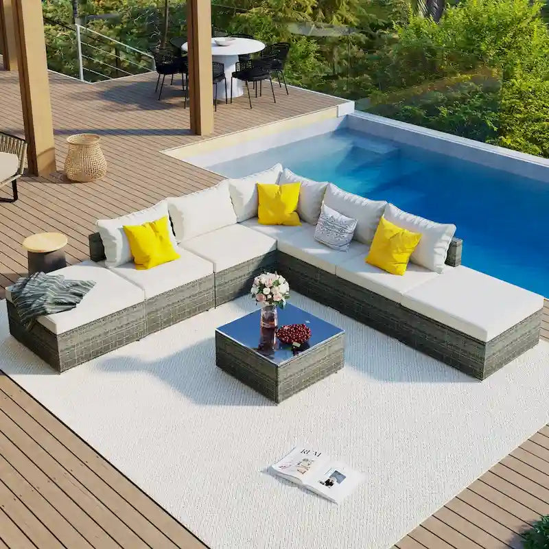 Canapé d'angle réversible en résine tressée 8 pièces pour terrasse avec coussins