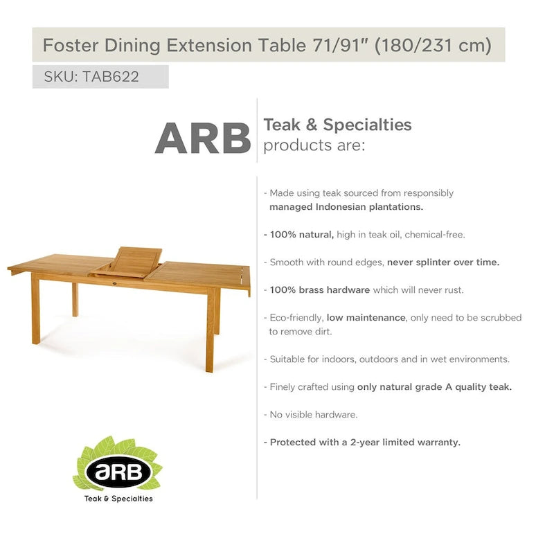 Table de salle à manger extensible en teck Foster rectangulaire 71/91 x 36