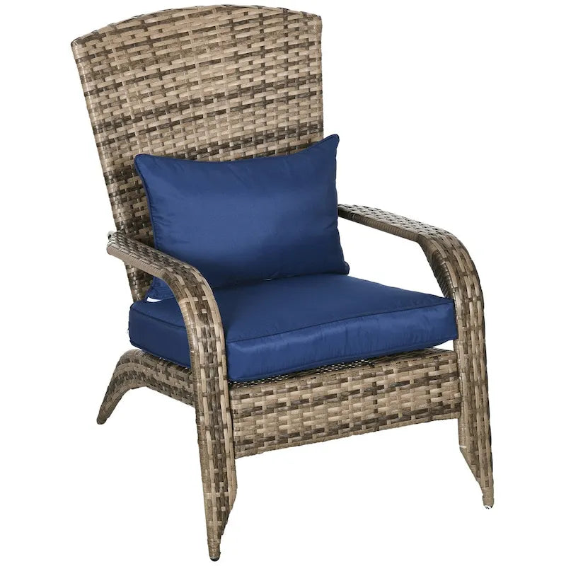 Fauteuil Adirondack en osier pour patio, fauteuil de foyer en rotin résistant aux intempéries, coussins moelleux, dossier haut et incurvé et accoudoirs