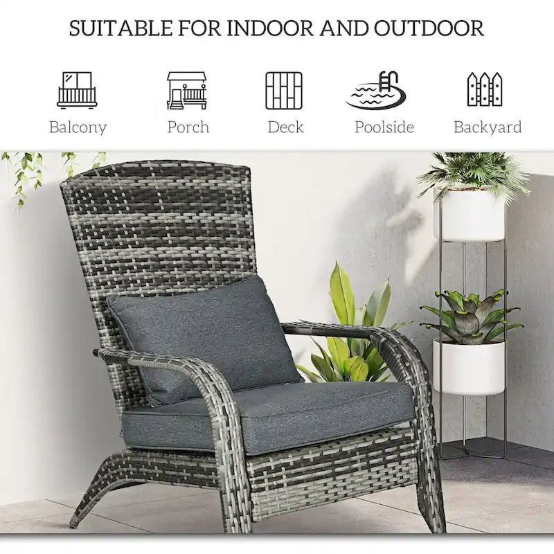 Fauteuil Adirondack en osier pour patio, fauteuil de foyer en rotin résistant aux intempéries, coussins moelleux, dossier haut et incurvé et accoudoirs