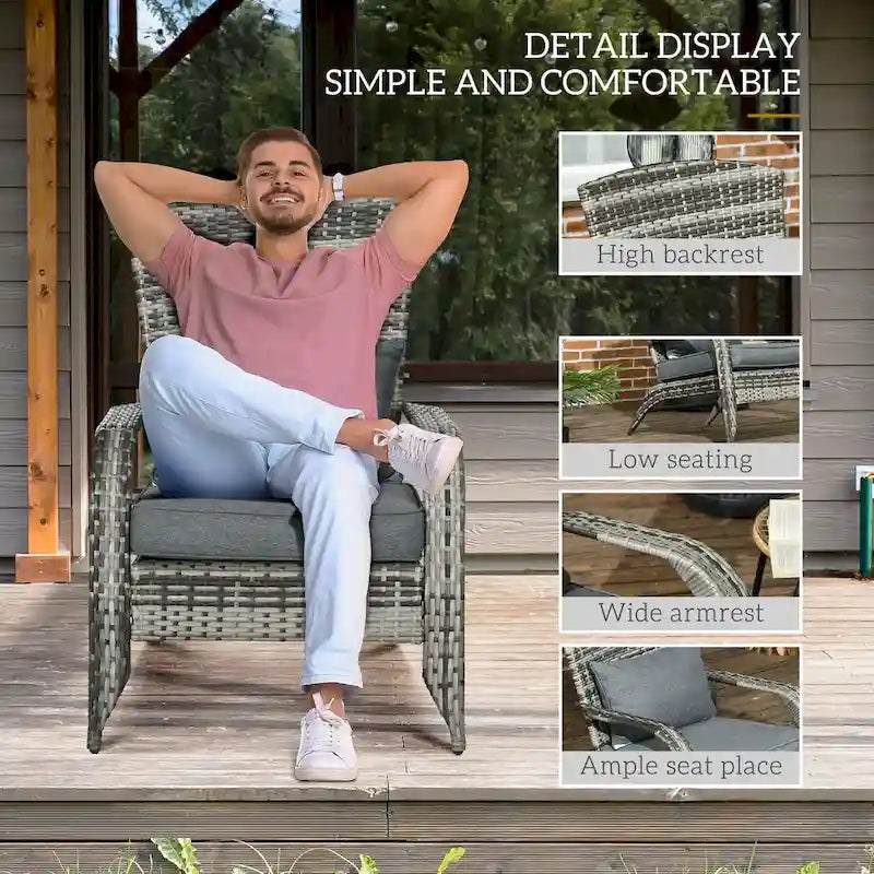 Fauteuil Adirondack en osier pour patio, fauteuil de foyer en rotin résistant aux intempéries, coussins moelleux, dossier haut et incurvé et accoudoirs