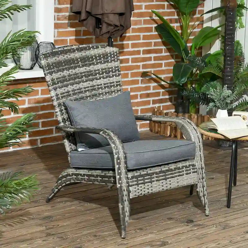 Fauteuil Adirondack en osier pour patio, fauteuil de foyer en rotin résistant aux intempéries, coussins moelleux, dossier haut et incurvé et accoudoirs