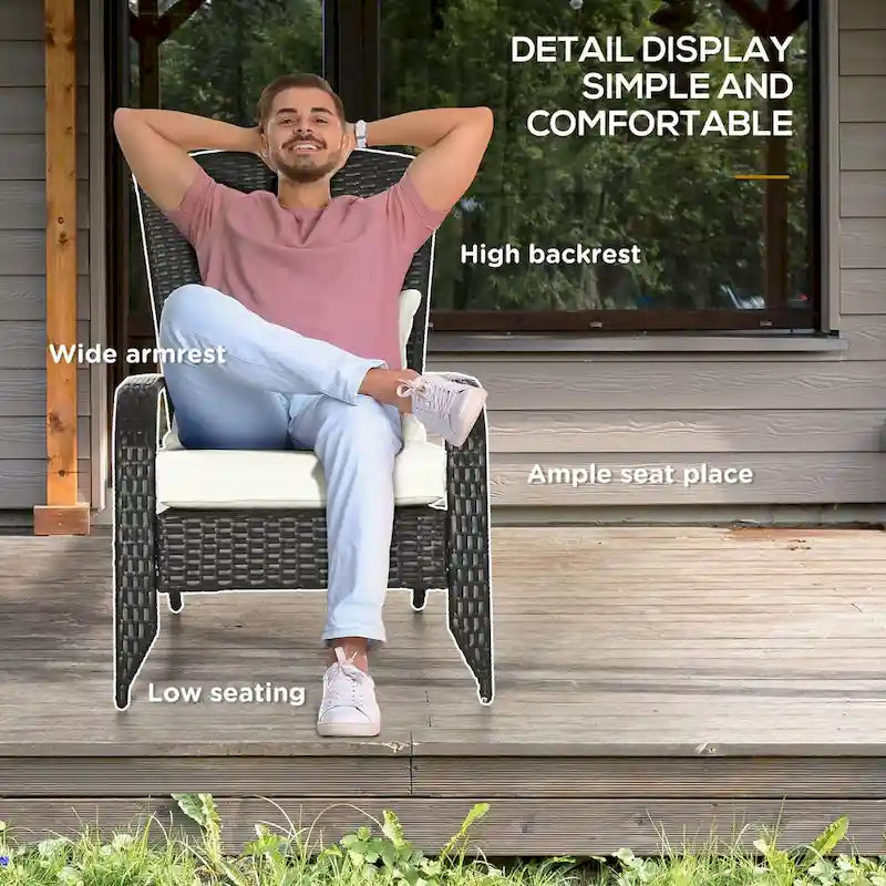 Fauteuil Adirondack en osier pour patio, fauteuil de foyer en rotin résistant aux intempéries, coussins moelleux, dossier haut et incurvé et accoudoirs