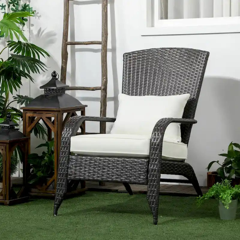 Fauteuil Adirondack en osier pour patio, fauteuil de foyer en rotin résistant aux intempéries, coussins moelleux, dossier haut et incurvé et accoudoirs