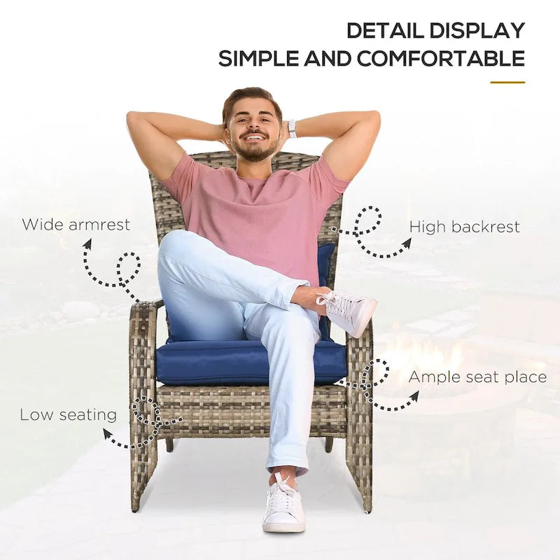 Fauteuil Adirondack en osier pour patio, fauteuil de foyer en rotin résistant aux intempéries, coussins moelleux, dossier haut et incurvé et accoudoirs