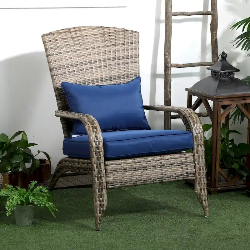 Fauteuil Adirondack en osier pour patio, fauteuil de foyer en rotin résistant aux intempéries, coussins moelleux, dossier haut et incurvé et accoudoirs