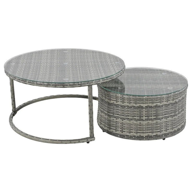 Ensemble de canapés de jardin demi-lune 9 pièces en résine tressée grise et coussins bleus