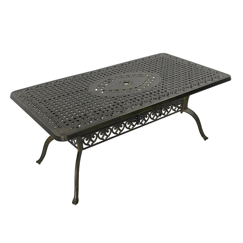 Table rectangulaire élégante en aluminium moulé ajouré, finition bronze antique (71).