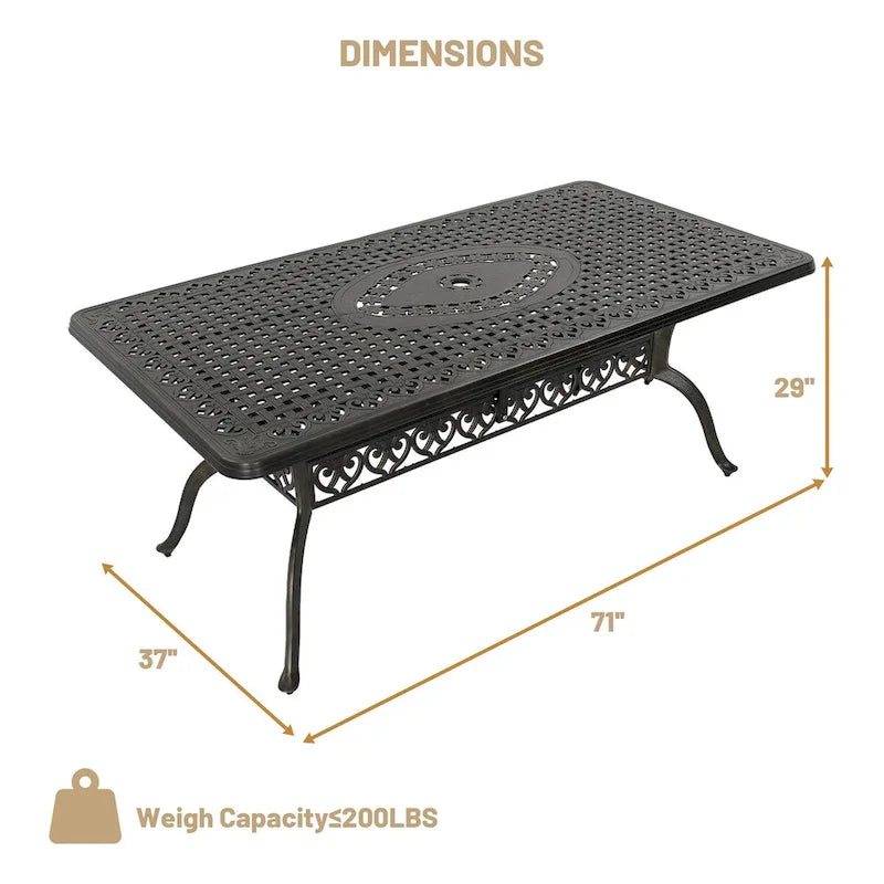 Table rectangulaire élégante en aluminium moulé ajouré, finition bronze antique (71).