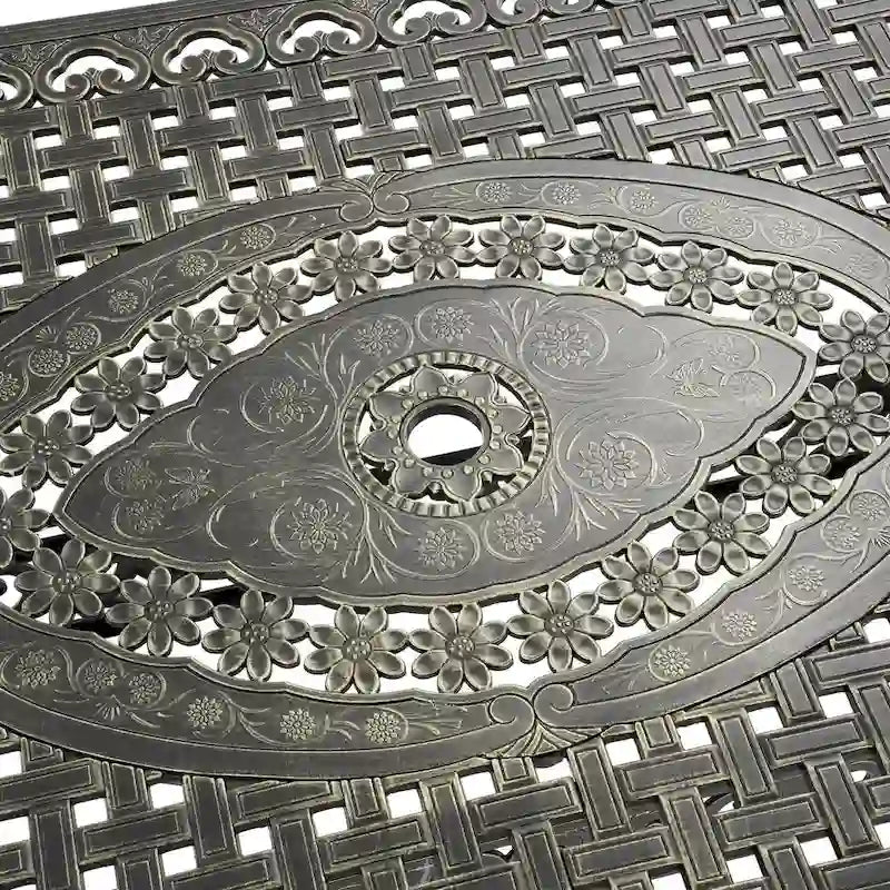 Table rectangulaire élégante en aluminium moulé ajouré, finition bronze antique (71).