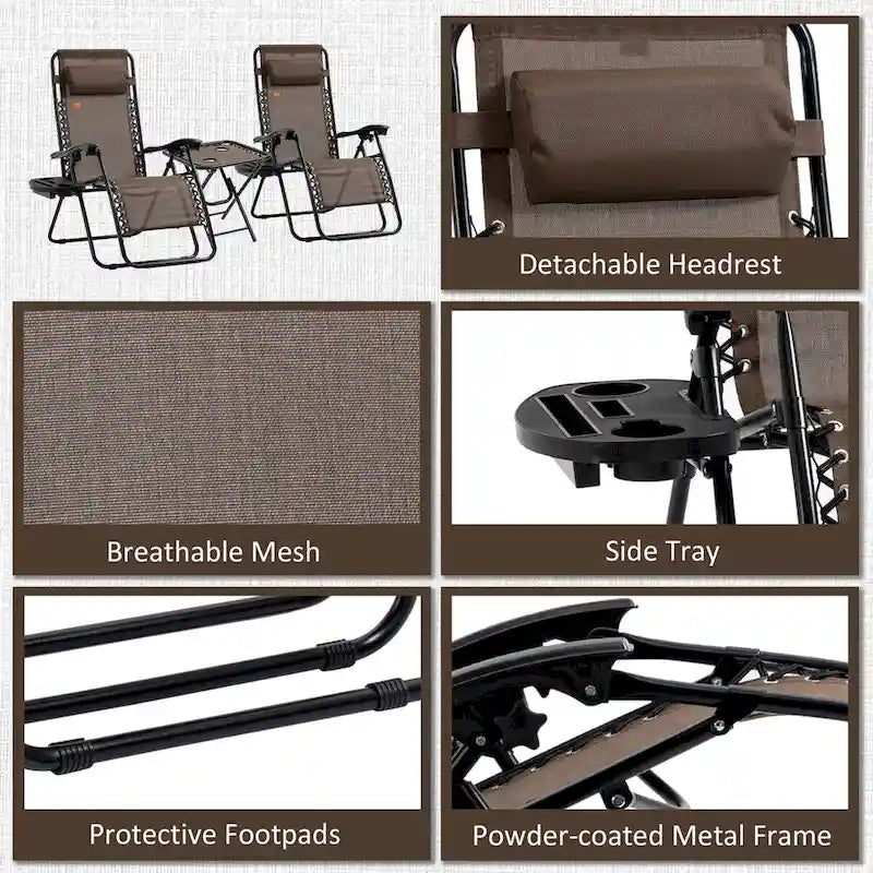 Ensemble fauteuil Gravity avec table d'appoint, fauteuil inclinable pliant avec porte-gobelets et coussins, chaise longue réglable