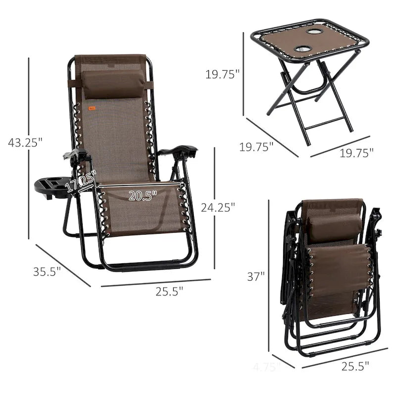 Ensemble fauteuil Gravity avec table d'appoint, fauteuil inclinable pliant avec porte-gobelets et coussins, chaise longue réglable