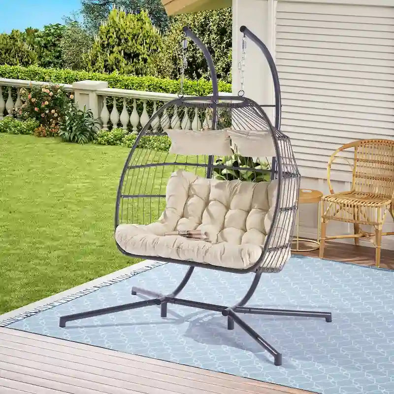 Fauteuil suspendu d'extérieur en rotin pour 2 personnes, style œuf, pour terrasse.