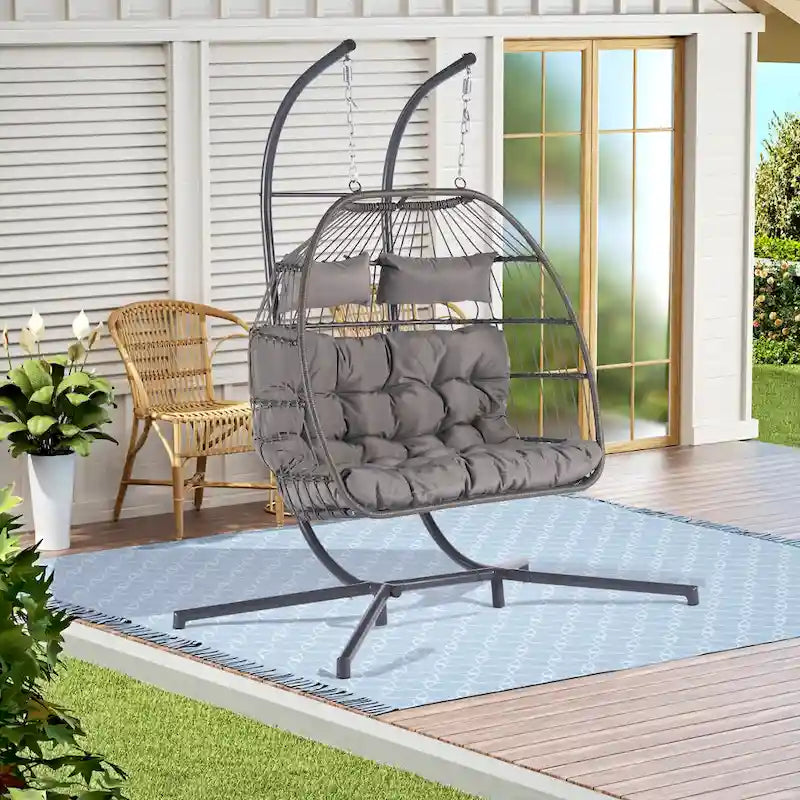 Fauteuil suspendu d'extérieur en rotin pour 2 personnes, style œuf, pour terrasse.