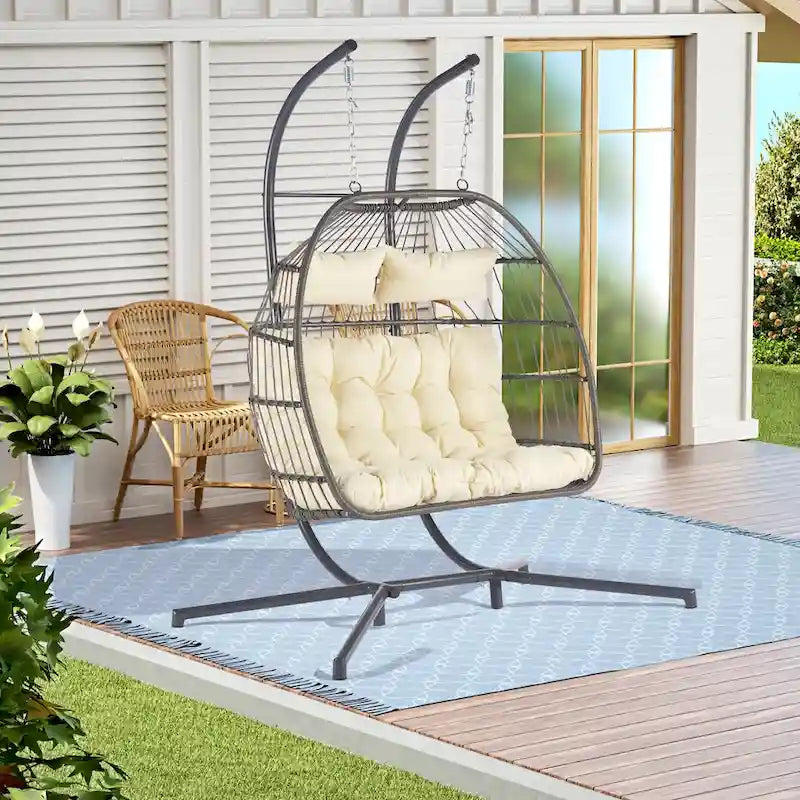 Fauteuil suspendu d'extérieur en rotin pour 2 personnes, style œuf, pour terrasse.