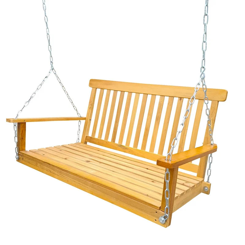 Balançoire de porche avec accoudoirs, banc-balançoire en bois avec chaînes de suspension, pour terrasse, jardin, porche, cour arrière