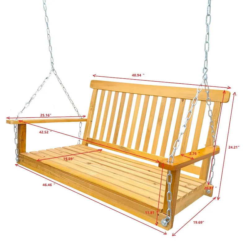 Balançoire de porche avec accoudoirs, banc-balançoire en bois avec chaînes de suspension, pour terrasse, jardin, porche, cour arrière