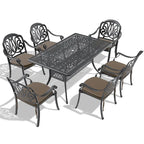 Ensemble de patio en aluminium 7 pièces, 6 fauteuils avec coussins de couleurs aléatoires et 1 table avec trou pour parasol