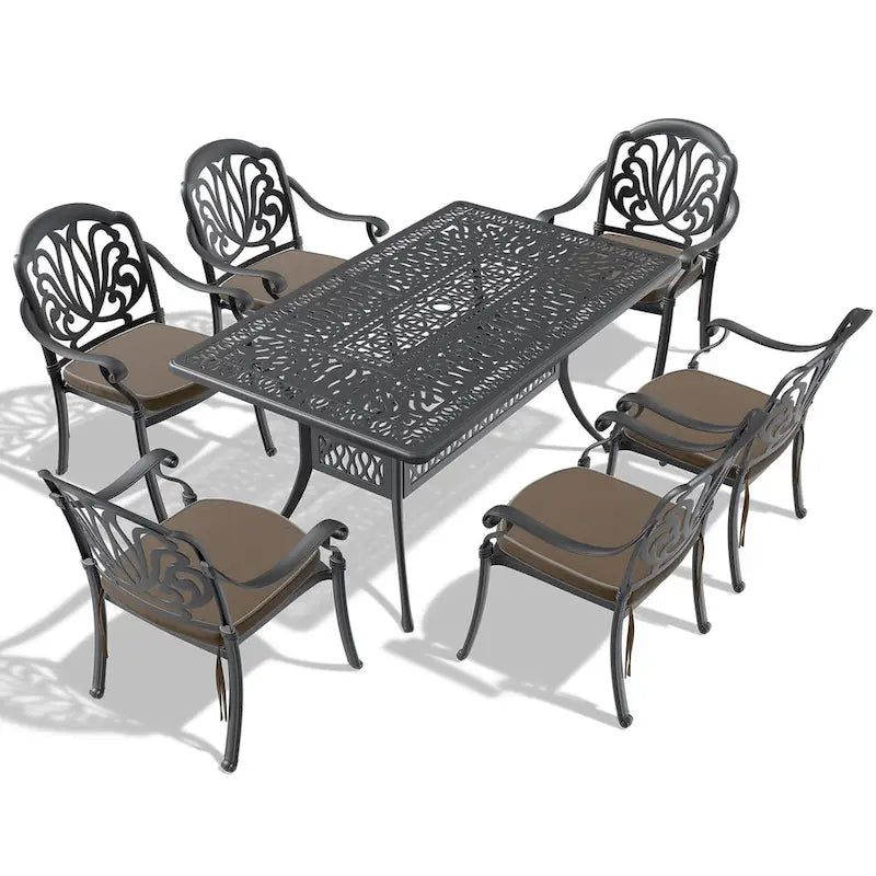Ensemble de patio en aluminium 7 pièces, 6 fauteuils avec coussins de couleurs aléatoires et 1 table avec trou pour parasol