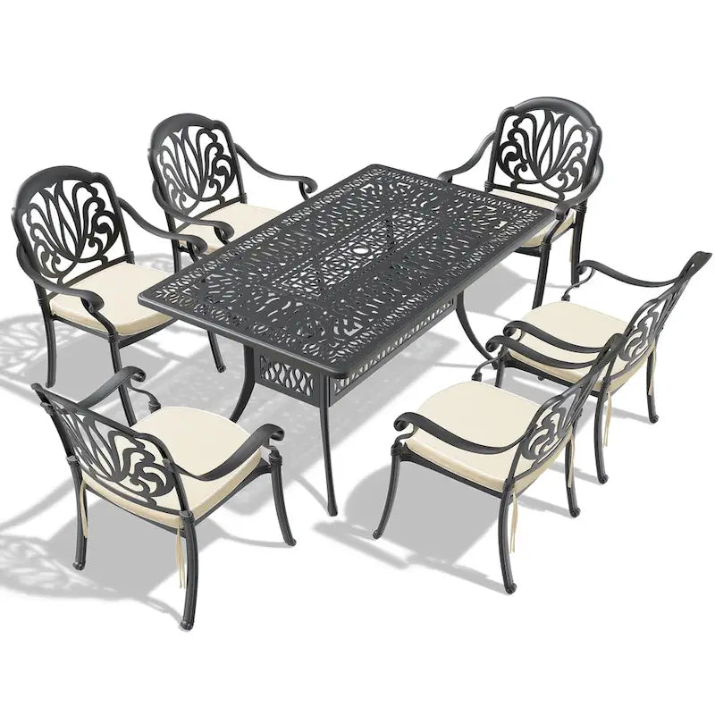 Ensemble de patio en aluminium 7 pièces, 6 fauteuils avec coussins de couleurs aléatoires et 1 table avec trou pour parasol