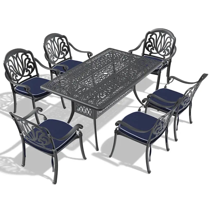 Ensemble de patio en aluminium 7 pièces, 6 fauteuils avec coussins de couleurs aléatoires et 1 table avec trou pour parasol