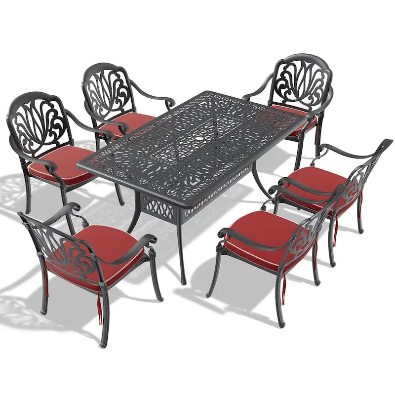 Ensemble de patio en aluminium 7 pièces, 6 fauteuils avec coussins de couleurs aléatoires et 1 table avec trou pour parasol