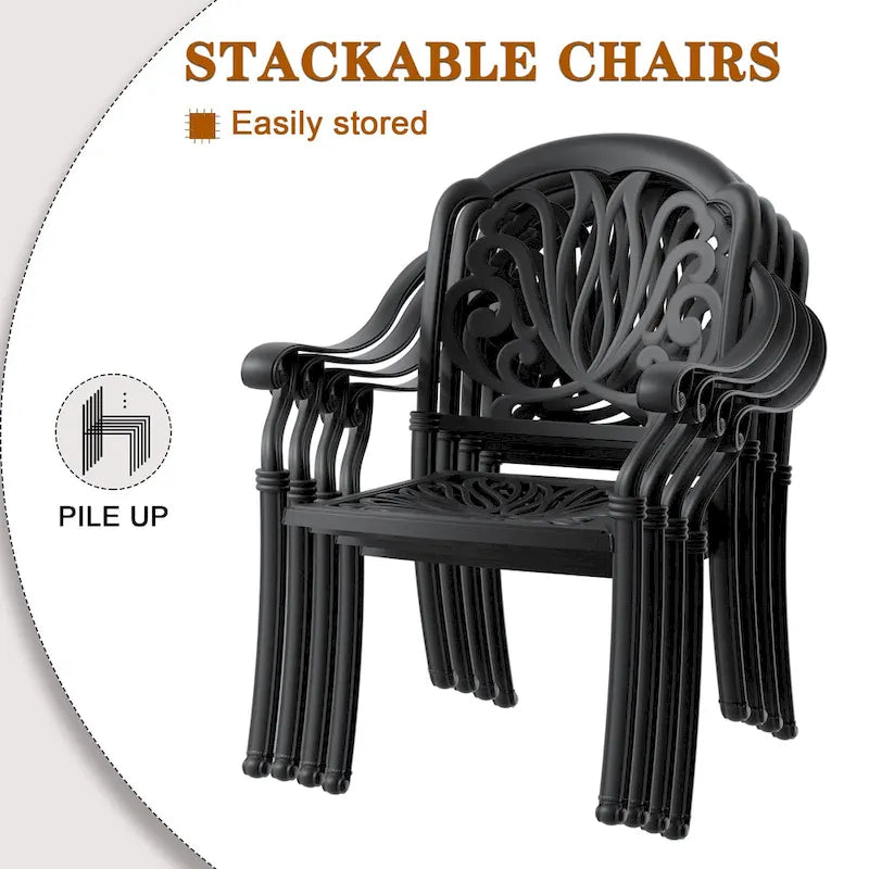 Ensemble de patio en aluminium 7 pièces, 6 fauteuils avec coussins de couleurs aléatoires et 1 table avec trou pour parasol