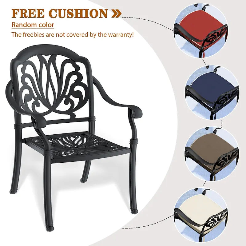 Ensemble de patio en aluminium 7 pièces, 6 fauteuils avec coussins de couleurs aléatoires et 1 table avec trou pour parasol