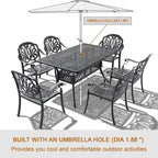 Ensemble de patio en aluminium 7 pièces, 6 fauteuils avec coussins de couleurs aléatoires et 1 table avec trou pour parasol