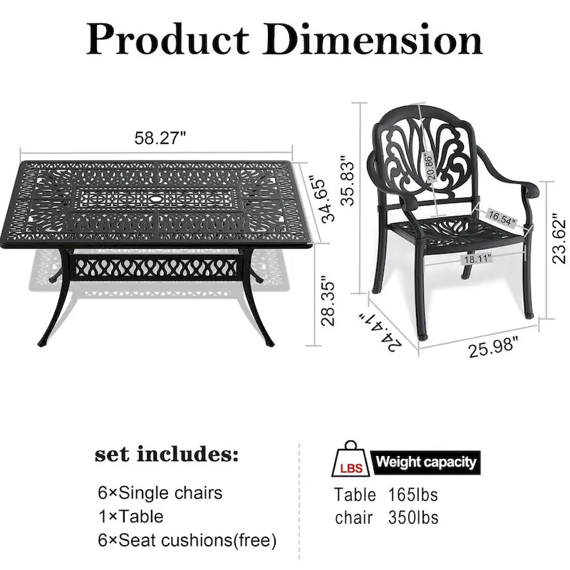 Ensemble de patio en aluminium 7 pièces, 6 fauteuils avec coussins de couleurs aléatoires et 1 table avec trou pour parasol
