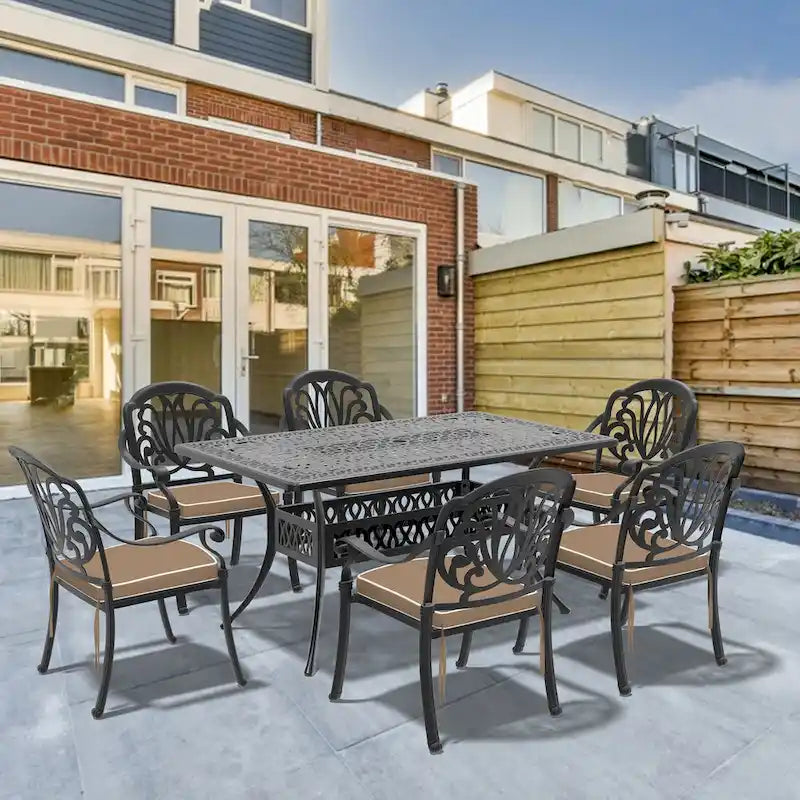 Ensemble de patio en aluminium 7 pièces, 6 fauteuils avec coussins de couleurs aléatoires et 1 table avec trou pour parasol