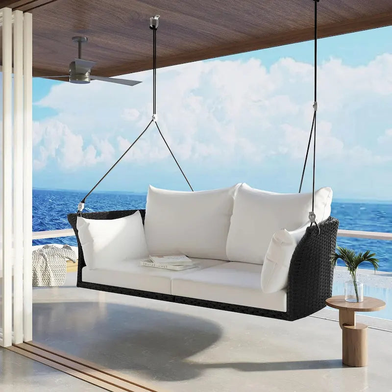 2-Person Rattan Woven Swing Chair with Ropes for Porch