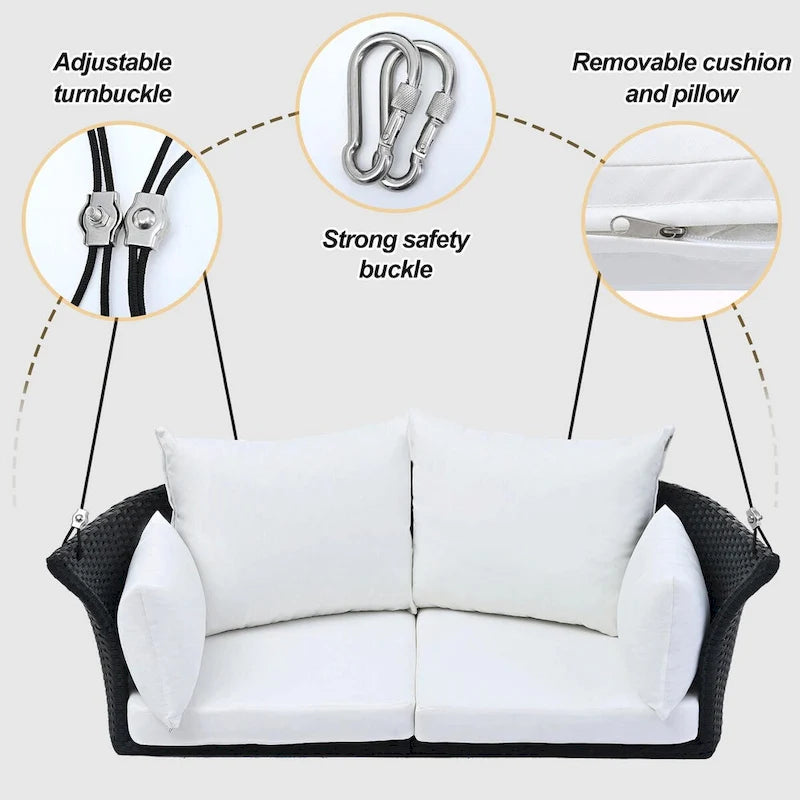 Fauteuil suspendu en rotin tressé pour 2 personnes avec cordes pour véranda