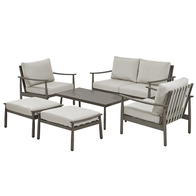 Ensemble de conversation de patio en aluminium 6 pièces, canapé d'extérieur 2 places avec table basse et coussins