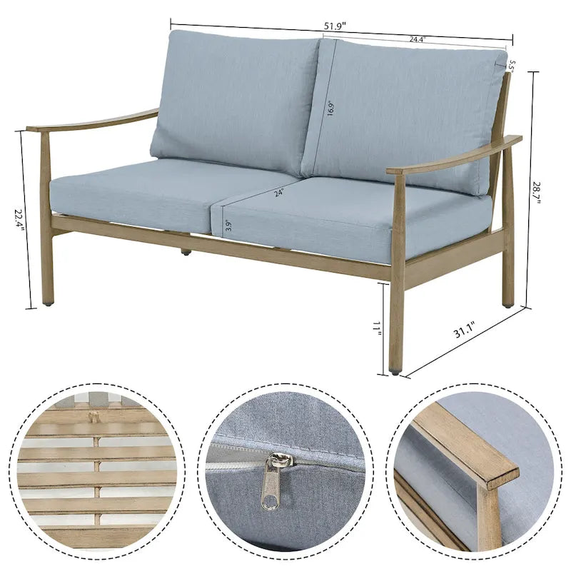 Ensemble de conversation de patio en aluminium 6 pièces, canapé d'extérieur 2 places avec table basse et coussins