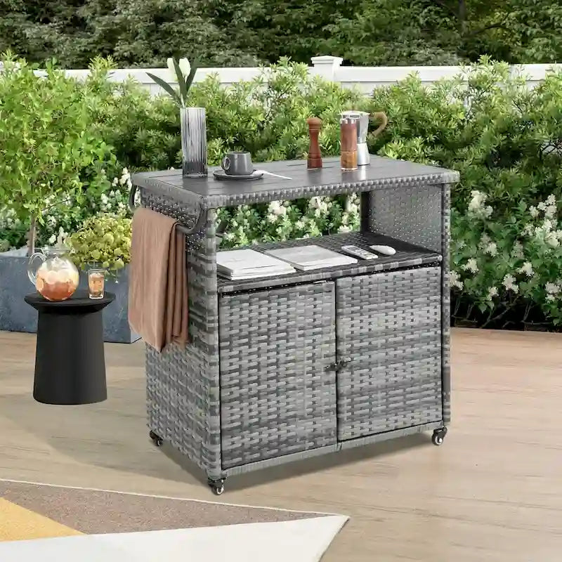 Outdoor Wicker Bar Cart,Patio Wine Serving Cart Wheels,Rolling Rattan Beverage Bar Counter Table Glass Top